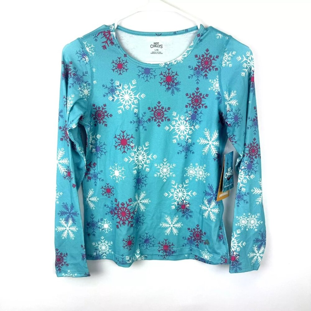 Hot Chillys Girls Atoll Snow Flakes Print Crew Top Blue Large